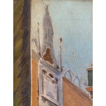 ANTICO QUADRO DIPINTO OLIO VEDUTA Piazza San Marco VENEZIA CORNICE GUILLOCHE