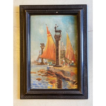 ANTICO QUADRO DIPINTO OLIO VEDUTA PORTO  COLONNE CERVO LUPA CORNICE GUILLOCHE'