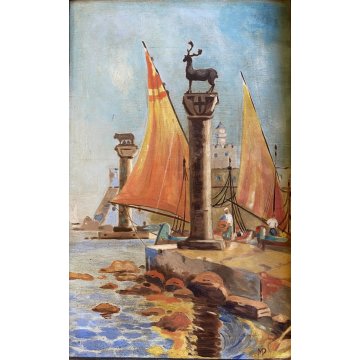 ANTICO QUADRO DIPINTO OLIO VEDUTA PORTO  COLONNE CERVO LUPA CORNICE GUILLOCHE'