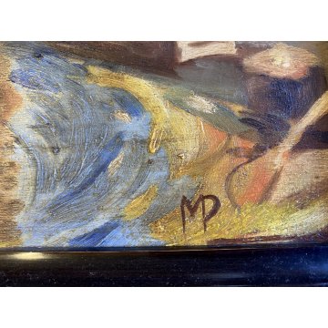 ANTICO QUADRO DIPINTO OLIO VEDUTA PORTO  COLONNE CERVO LUPA CORNICE GUILLOCHE'