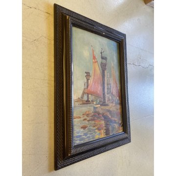 ANTICO QUADRO DIPINTO OLIO VEDUTA PORTO  COLONNE CERVO LUPA CORNICE GUILLOCHE'