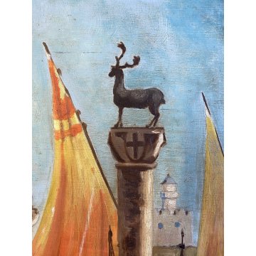 ANTICO QUADRO DIPINTO OLIO VEDUTA PORTO  COLONNE CERVO LUPA CORNICE GUILLOCHE'