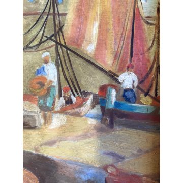 ANTICO QUADRO DIPINTO OLIO VEDUTA PORTO  COLONNE CERVO LUPA CORNICE GUILLOCHE'