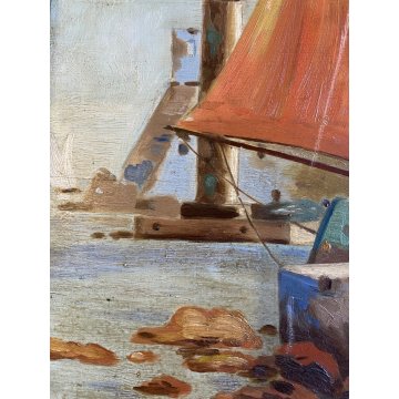 ANTICO QUADRO DIPINTO OLIO VEDUTA PORTO  COLONNE CERVO LUPA CORNICE GUILLOCHE'