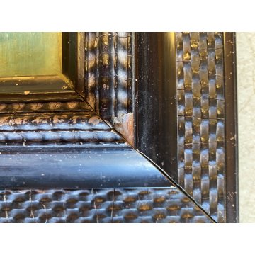ANTICO QUADRO DIPINTO OLIO VEDUTA PORTO  COLONNE CERVO LUPA CORNICE GUILLOCHE'