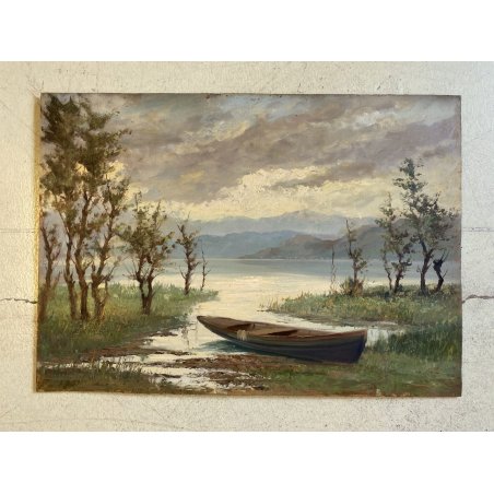 ANTICO DIPINTO OLIO TAVOLA PAESAGGIO LACUSTRE MONTAGNE BARCA A RIVA SUL LAGO 900