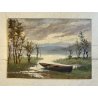 ANTICO DIPINTO OLIO TAVOLA PAESAGGIO LACUSTRE MONTAGNE BARCA A RIVA SUL LAGO 900