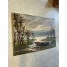 ANTICO DIPINTO OLIO TAVOLA PAESAGGIO LACUSTRE MONTAGNE BARCA A RIVA SUL LAGO 900
