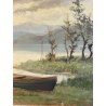 ANTICO DIPINTO OLIO TAVOLA PAESAGGIO LACUSTRE MONTAGNE BARCA A RIVA SUL LAGO 900