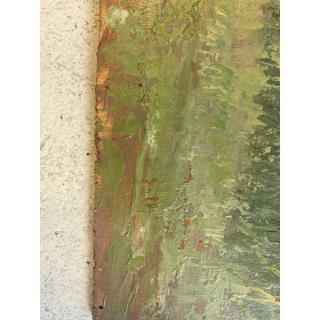 ANTICO DIPINTO OLIO TAVOLA PAESAGGIO LACUSTRE MONTAGNE BARCA A RIVA SUL LAGO 900