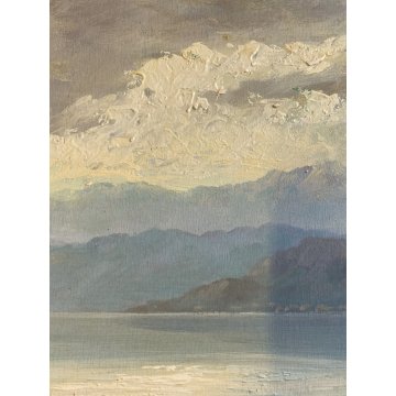 ANTICO DIPINTO OLIO TAVOLA PAESAGGIO LACUSTRE MONTAGNE BARCA A RIVA SUL LAGO 900