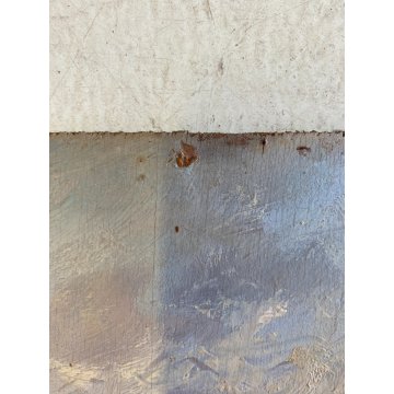 ANTICO DIPINTO OLIO TAVOLA PAESAGGIO LACUSTRE MONTAGNE BARCA A RIVA SUL LAGO 900