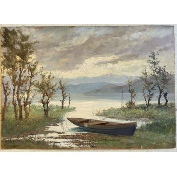 ANTICO DIPINTO OLIO TAVOLA PAESAGGIO LACUSTRE MONTAGNE BARCA A RIVA SUL LAGO 900