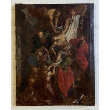 ANTICO DIPINTO OLIO TELA COPIA D'AUTORE "La deposizione" P.Rubens RELIGIOSO XVII