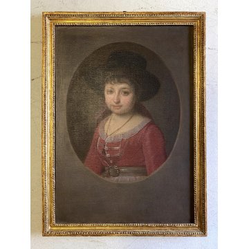 ANTICO DIPINTO OLIO TELA RITRATTO OVALE FANCIULLA ARISTOCRATICA con CILINDRO 800