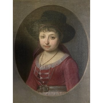 ANTICO DIPINTO OLIO TELA RITRATTO OVALE FANCIULLA ARISTOCRATICA con CILINDRO 800