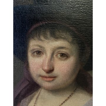 ANTICO DIPINTO OLIO TELA RITRATTO OVALE FANCIULLA ARISTOCRATICA con CILINDRO 800