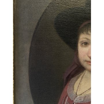 ANTICO DIPINTO OLIO TELA RITRATTO OVALE FANCIULLA ARISTOCRATICA con CILINDRO 800
