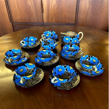 SERVIZIO CAFFE Art Decò 19 PEZZI MAIOLICA SPICA Albisola DECORO FLOREALE BLU '30