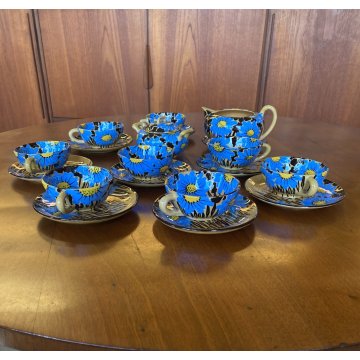 SERVIZIO CAFFE Art Decò 19 PEZZI MAIOLICA SPICA Albisola DECORO FLOREALE BLU '30