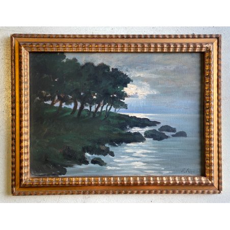 ANTICO DIPINTO OLIO G. Ricci VEDUTA MARINA PAESAGGIO COSTIERO CORNICE GUILLOCHE