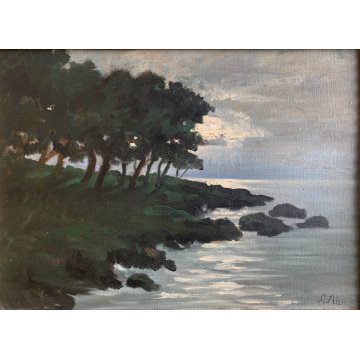 ANTICO DIPINTO OLIO G. Ricci VEDUTA MARINA PAESAGGIO COSTIERO CORNICE GUILLOCHE