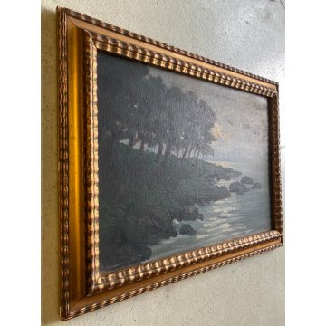 ANTICO DIPINTO OLIO G. Ricci VEDUTA MARINA PAESAGGIO COSTIERO CORNICE GUILLOCHE