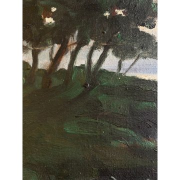 ANTICO DIPINTO OLIO G. Ricci VEDUTA MARINA PAESAGGIO COSTIERO CORNICE GUILLOCHE