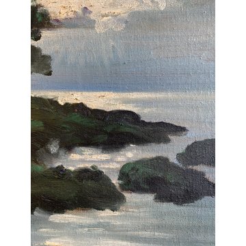 ANTICO DIPINTO OLIO G. Ricci VEDUTA MARINA PAESAGGIO COSTIERO CORNICE GUILLOCHE