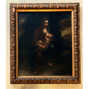 ANTICO DIPINTO OLIO TELA Madonna del latte GESU BAMBINO Maternità RELIGIOSO '600