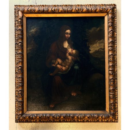 ANTICO DIPINTO OLIO TELA Madonna del latte GESU BAMBINO Maternità RELIGIOSO '600