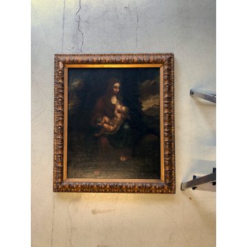ANTICO DIPINTO OLIO TELA Madonna del latte GESU BAMBINO Maternità RELIGIOSO '600