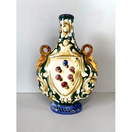 ANTICA FIASCHETTA DEL PELLEGRINO MAIOLICA POLICROMA GROTTESCHE ITALIAN POTTERY