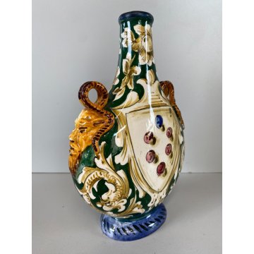 ANTICA FIASCHETTA DEL PELLEGRINO MAIOLICA POLICROMA GROTTESCHE ITALIAN POTTERY