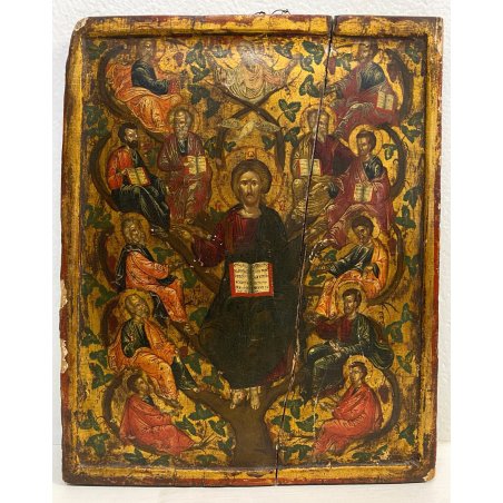ICONA RUSSA RELIGIOSA GESU' DODICI  APOSTOLI La vera vite LEGNO ARTE SACRA XVIII