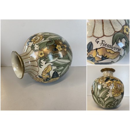 VASO PORCELLANA G. Fieravino DECORO DISEGNO FIOREALE VERDE ORO  ø 17 cm