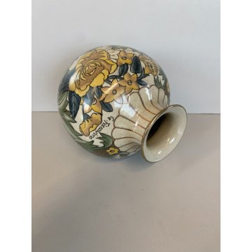 VASO PORCELLANA G. Fieravino DECORO DISEGNO FIOREALE VERDE ORO  ø 17 cm