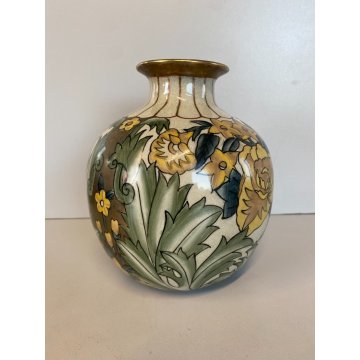 VASO PORCELLANA G. Fieravino DECORO DISEGNO FIOREALE VERDE ORO  ø 17 cm