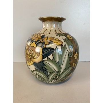 VASO PORCELLANA G. Fieravino DECORO DISEGNO FIOREALE VERDE ORO  ø 17 cm