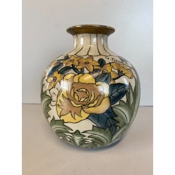 VASO PORCELLANA G. Fieravino DECORO DISEGNO FIOREALE VERDE ORO  ø 17 cm
