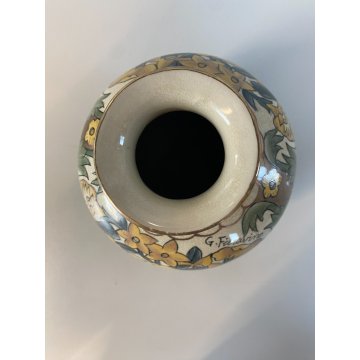 VASO PORCELLANA G. Fieravino DECORO DISEGNO FIOREALE VERDE ORO  ø 17 cm