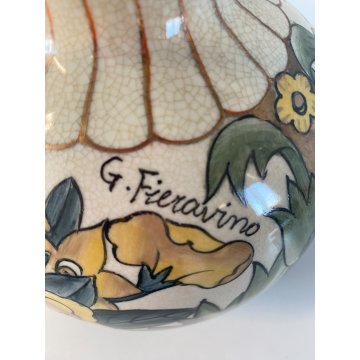 VASO PORCELLANA G. Fieravino DECORO DISEGNO FIOREALE VERDE ORO  ø 17 cm