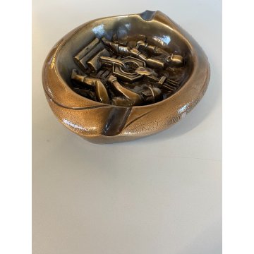 POSACENERE SCULTURA BRONZO DORATO BASSORILIEVO Fonderie D'Arte Fracaro ø23cm '90