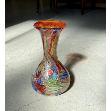 VASO VETRO MURANO Paolo Venini POLICROMO FINE GIORNATA FOGLIA ARGENTO 21cm/h 50s