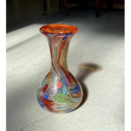 VASO VETRO MURANO Paolo Venini POLICROMO FINE GIORNATA FOGLIA ARGENTO 21cm/h 50s