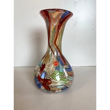 VASO VETRO MURANO Paolo Venini POLICROMO FINE GIORNATA FOGLIA ARGENTO 21cm/h 50s