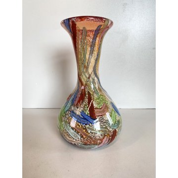 VASO VETRO MURANO Paolo Venini POLICROMO FINE GIORNATA FOGLIA ARGENTO 21cm/h 50s