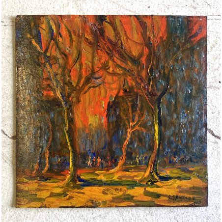 DIPINTO ASTRATTO OLIO TAVOLA E.G. Dossena PAESAGGIO NEO-ESPRESSIONISTA BOSCO '29