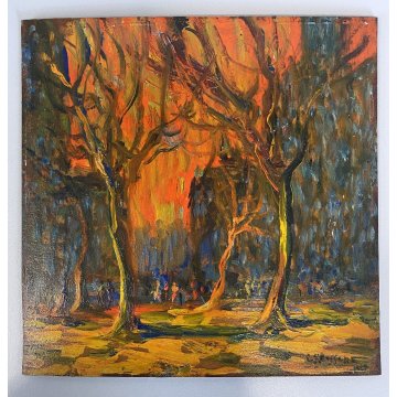 DIPINTO ASTRATTO OLIO TAVOLA E.G. Dossena PAESAGGIO NEO-ESPRESSIONISTA BOSCO '29