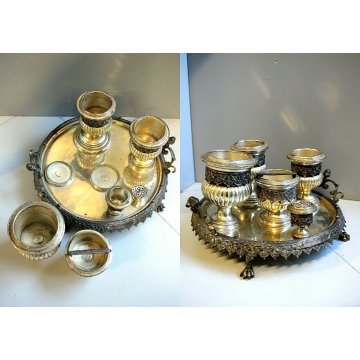 SET DA FUMO VASSOIO SERVIZIO TABACCO in METALLO ARGENTATO ORNATO CESELLATO '800